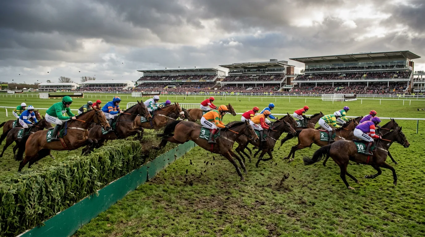 Horses jumping a fence during the Grand National at Aintree racecourse with a large crowd watching