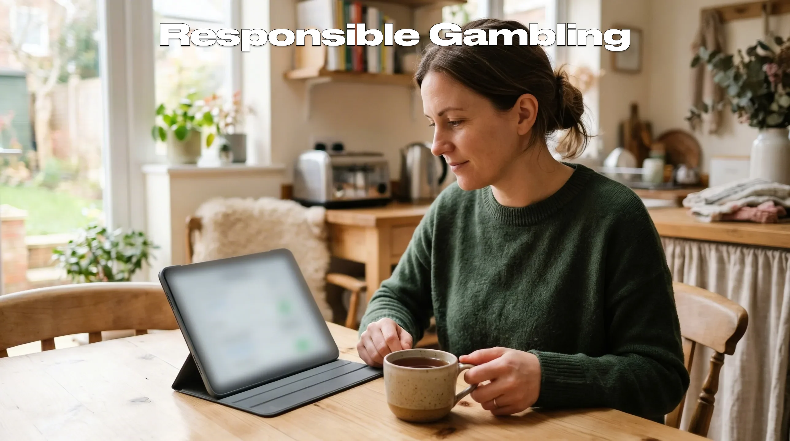 A person setting deposit limits on a gambling app screen with a calm home environment in the background